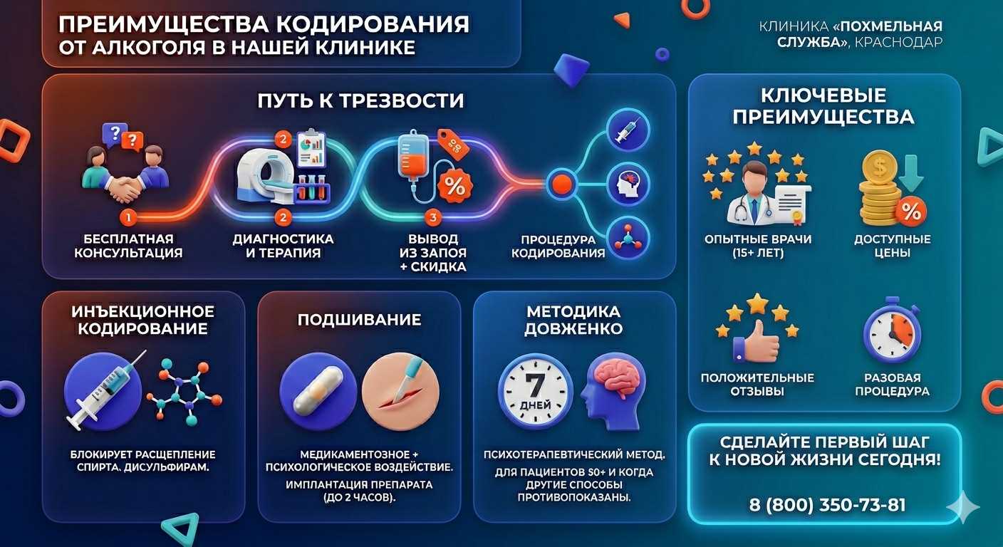 Инфографика о методах кодирования от алкоголя в Кожевниково: инъекции, подшивание, метод Довженко. Преимущества клиники и этапы лечения.
