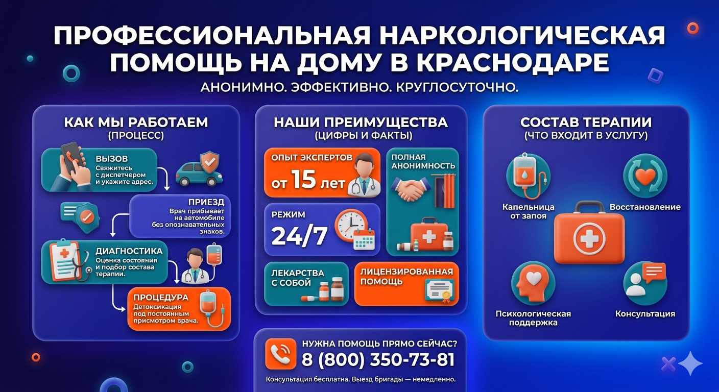 Инфографика о принципах лечения алкоголизма на дому в Кожевниково: этапы вызова нарколога, преимущества анонимной детоксикации и состав медицинской помощи.